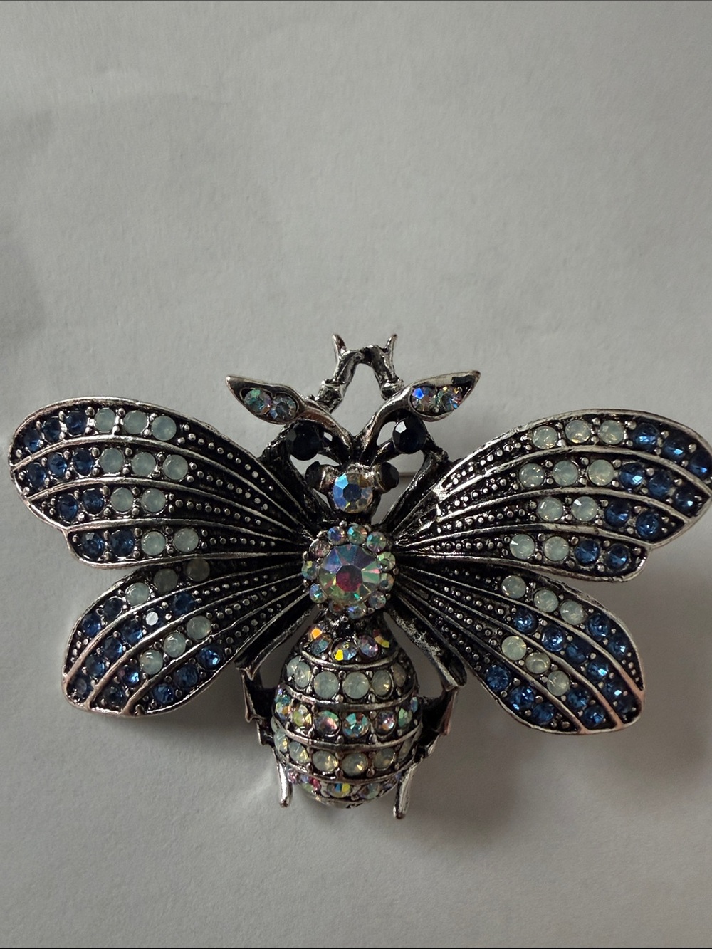 Crystal Bee Brooch - Iridescent Blue and Silver Accent